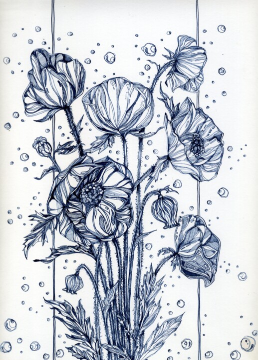 Disegno intitolato ""Poppy bouquet"" da Anastasiia Moskvitina, Opera d'arte originale, Inchiostro
