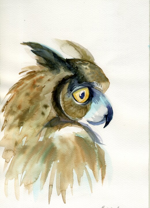 Peinture intitulée ""Owl"" par Anastasiia Moskvitina, Œuvre d'art originale, Aquarelle