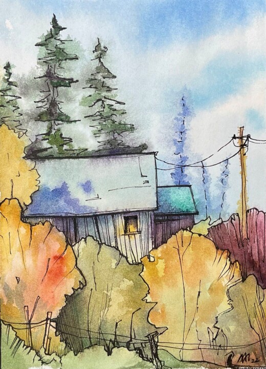 Painting titled "“Autumn in village”…" by Anastasiia Moskvitina, Original Artwork, Watercolor