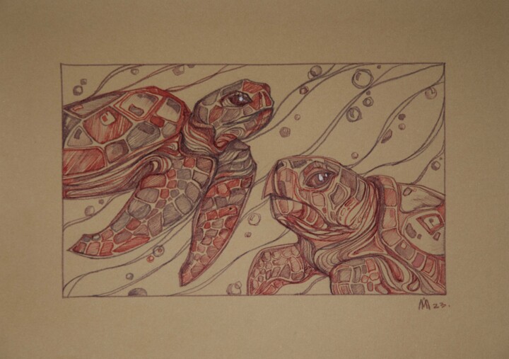 Peinture intitulée "«Sea Turtles»" par Anastasiia Moskvitina, Œuvre d'art originale, Encre