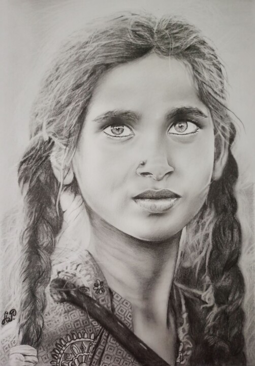Dibujo titulada "Indian girl" por Anastasiia Poberezhets, Obra de arte original, Lápiz