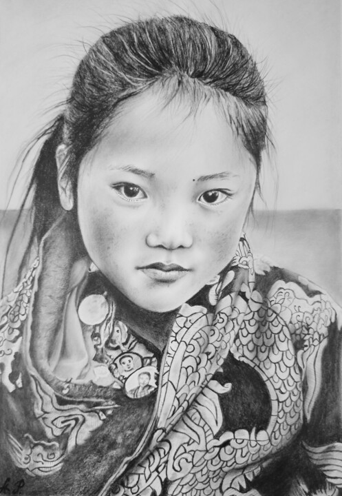 Disegno intitolato "Tibetan girl with h…" da Anastasiia Poberezhets, Opera d'arte originale, Matita
