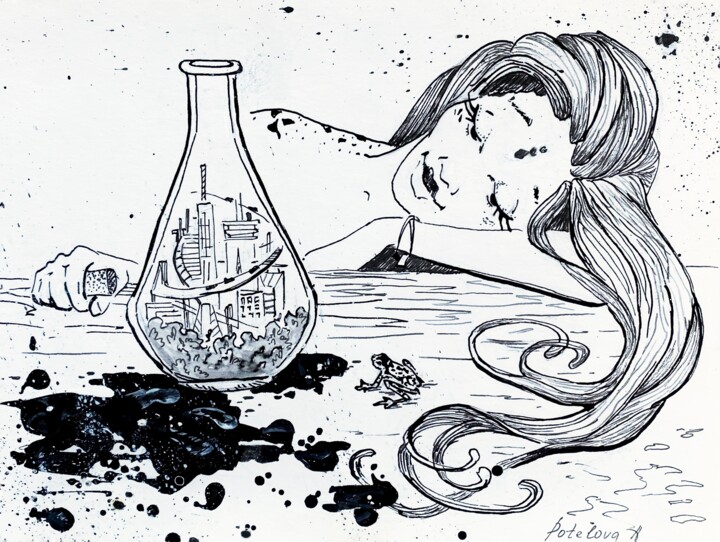 Dessin intitulée "In the bottle" par Anastasiia Potelova, Œuvre d'art originale, Encre