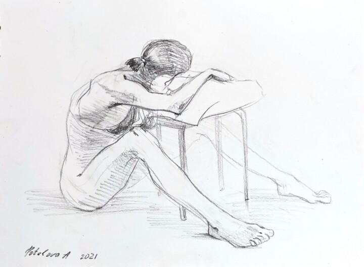 Рисунок под названием "Sitting" - Anastasiia Potelova, Подлинное произведение искусства, Графит