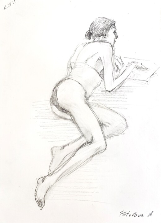 Painting titled "Lying model 2" by Anastasiia Potelova, Original Artwork, Graphite