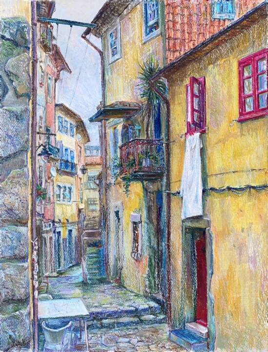 Malerei mit dem Titel "Old street in Porto…" von Anastasiia Potelova, Original-Kunstwerk, Öl