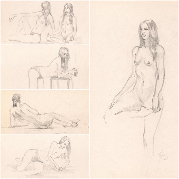 Dibujo titulada "Set of five sketche…" por Anastasiia Potelova, Obra de arte original, Lápiz