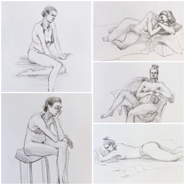 Dessin intitulée "Set of five sketche…" par Anastasiia Potelova, Œuvre d'art originale, Crayon