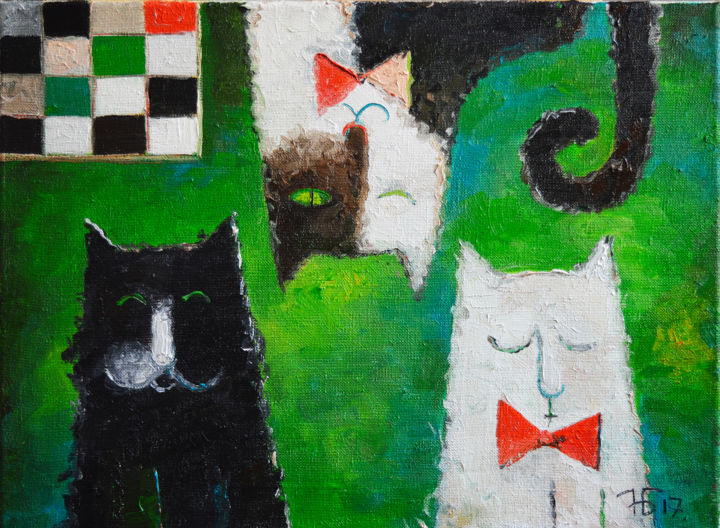 Картина под названием "Шахматные коты" - Anastasiya Balysh, Подлинное произведение искусства, Масло