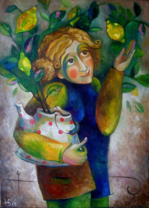 Pintura intitulada "Чайник с лимоном" por Anastasiya Balysh, Obras de arte originais, Óleo