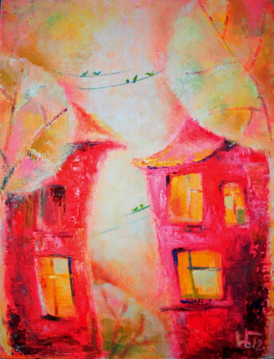 Картина под названием "Домики" - Anastasiya Balysh, Подлинное произведение искусства, Масло