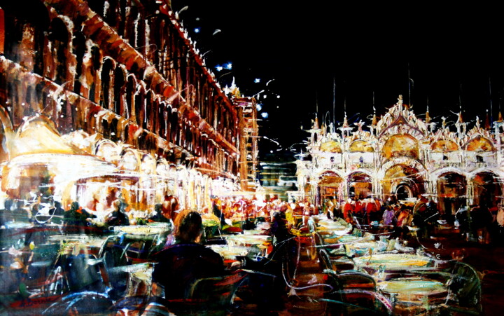 Painting titled "Night Venice.Cafe F…" by Anastasiya Bernie, Original Artwork, Oil