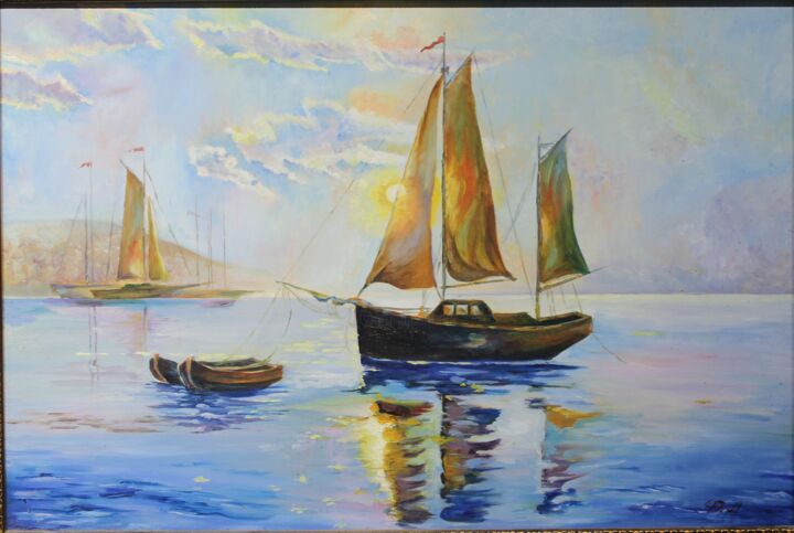 Картина под названием "Quiet harbor" - Anastasiya Firga, Подлинное произведение искусства, Масло Установлен на Деревянная ра…