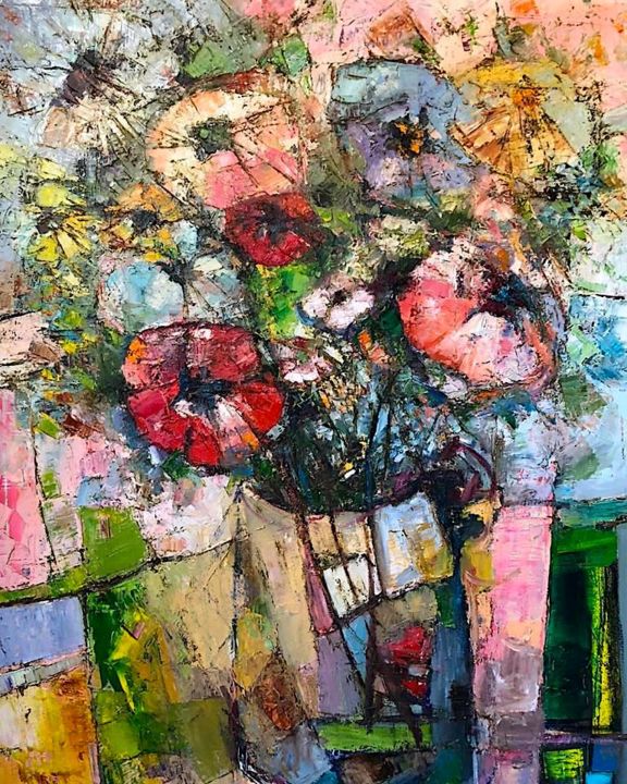 Painting titled "Wild Flower Bouquet" by Anastasiya Kimachenko, Original Artwork, Oil