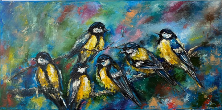 Pittura intitolato "Chickadee Painting…" da Anastasiya Posylaeva, Opera d'arte originale, Olio Montato su Telaio per barella…