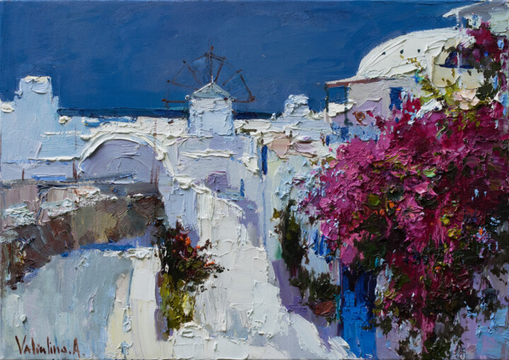 Картина под названием "Santorini, Greece -…" - Anastasiya Valiulina, Подлинное произведение искусства, Масло