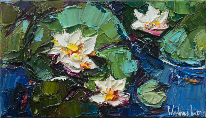 Картина под названием "Water Lilies in pond" - Anastasiya Valiulina, Подлинное произведение искусства, Масло
