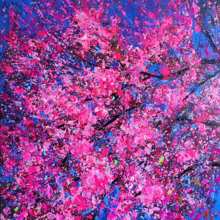 Painting titled "Sakura" by Kachina, Original Artwork, Oil Mounted on Wood Stretcher frame