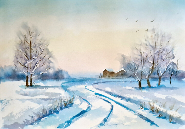 Painting titled "Winter landscape" by Anastassiya Suslova, Original Artwork, Watercolor