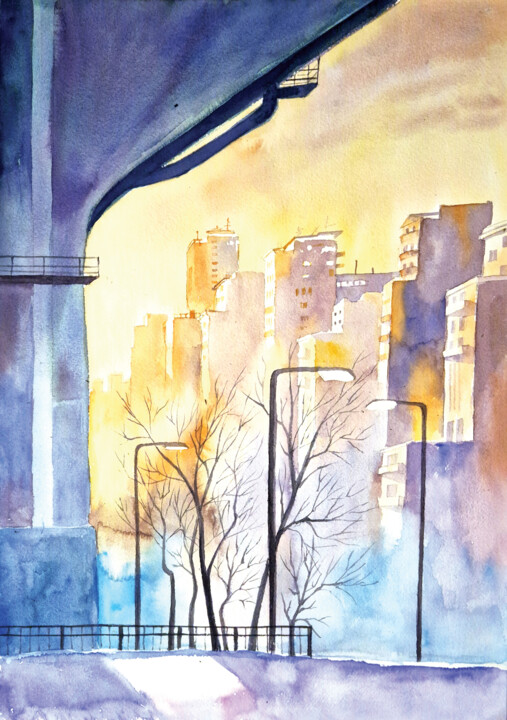 Painting titled "Urban Landscape" by Anastassiya Suslova, Original Artwork, Watercolor