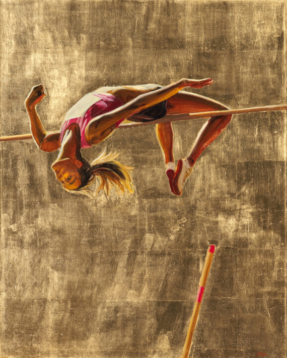 Painting titled "Jump in gold" by Anatassia Markovskaya, Original Artwork, Oil Mounted on Wood Stretcher frame