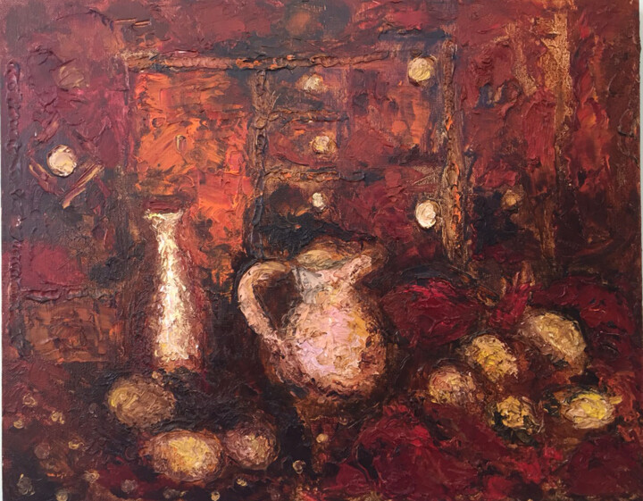 Painting titled "Jug with apples" by Anatassia Markovskaya, Original Artwork, Oil Mounted on Wood Stretcher frame