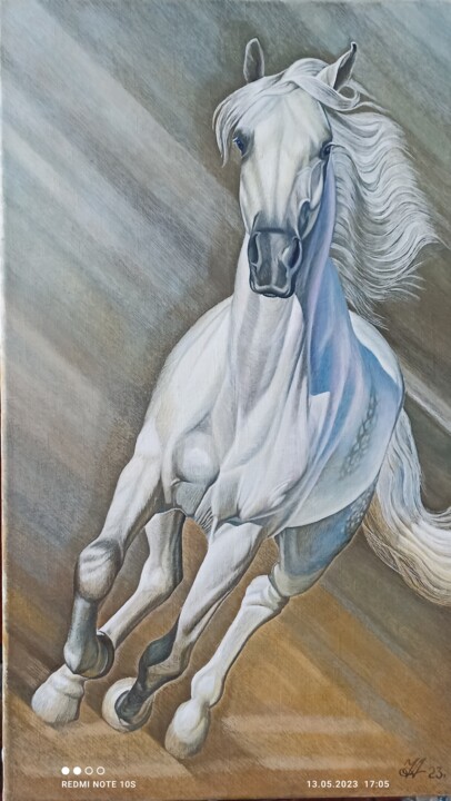 Картина под названием "Белая лошадь" - Anatoli Caftaev, Подлинное произведение искусства, Масло Установлен на Деревянная рам…
