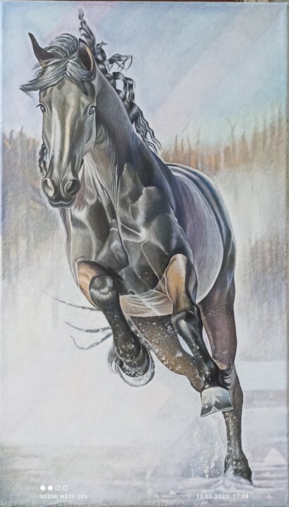 Картина под названием "Чорая лошадь на сне…" - Anatoli Caftaev, Подлинное произведение искусства, Масло