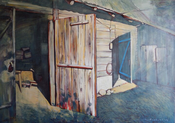 Painting titled "Barn" by Anatoli Labkouski, Original Artwork, Acrylic Mounted on Wood Stretcher frame