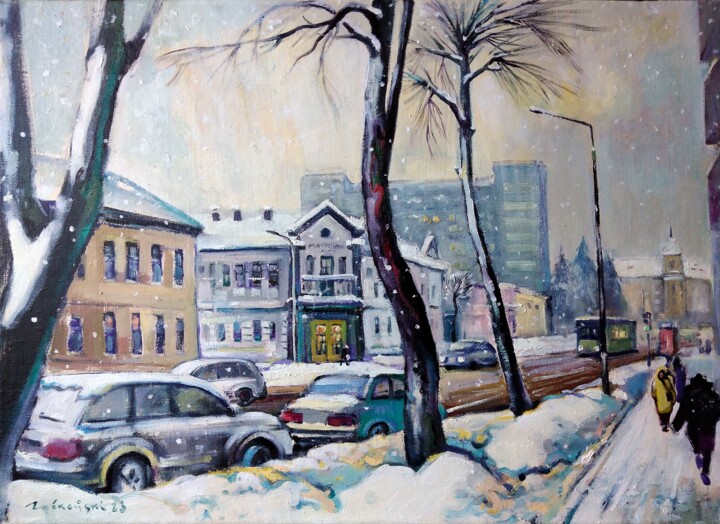 Painting titled "Old Hotel" by Anatoli Labkouski, Original Artwork, Oil Mounted on Wood Stretcher frame