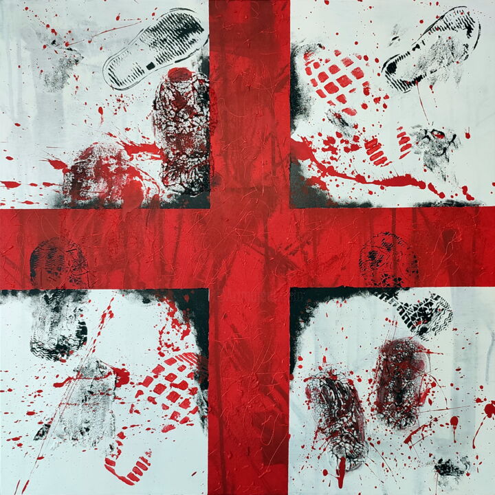 Painting titled "Blood red cross" by Anatolii Kazymyrchuk, Original Artwork, Acrylic Mounted on Wood Stretcher frame