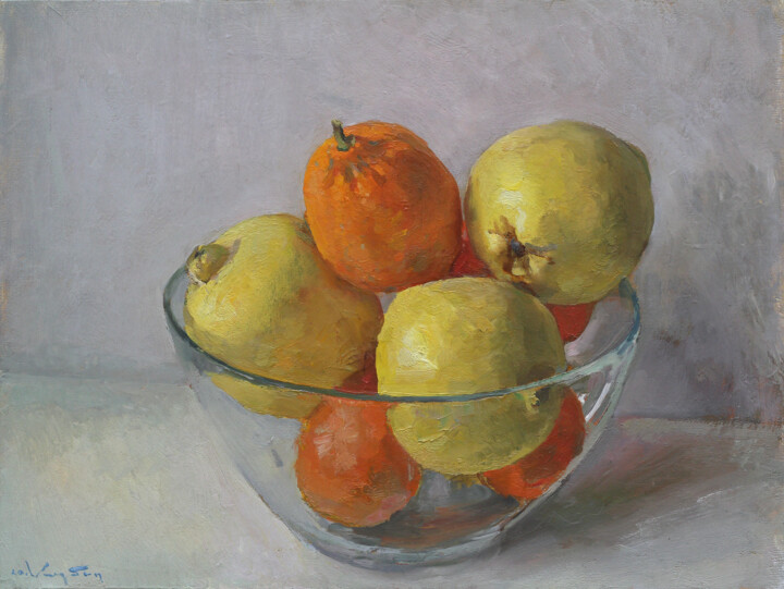 Painting titled "Quince and lemons" by Anatolii Korobkin, Original Artwork, Oil