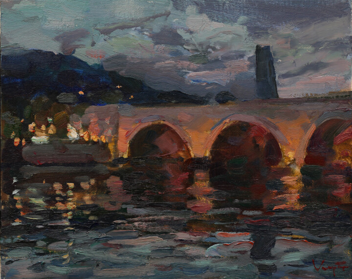 Peinture intitulée "Sunset at Saarbruck…" par Anatolii Korobkin, Œuvre d'art originale, Huile Monté sur Panneau de bois