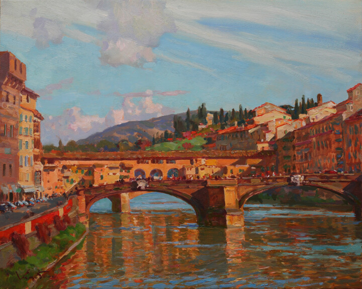 Painting titled "Florence. Arno" by Anatolii Korobkin, Original Artwork, Oil Mounted on Wood Stretcher frame