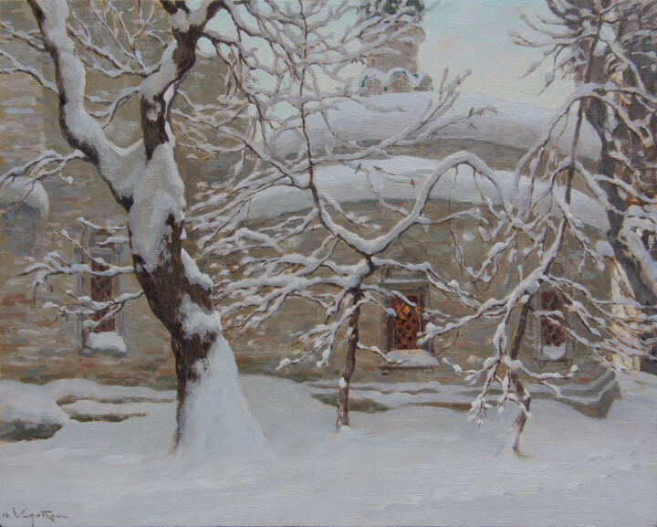 Painting titled "Near the church" by Anatolii Korobkin, Original Artwork, Oil