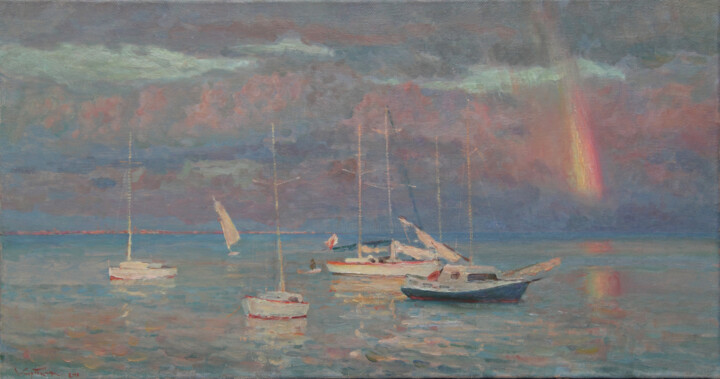 Painting titled "Yachts" by Anatolii Korobkin, Original Artwork, Oil