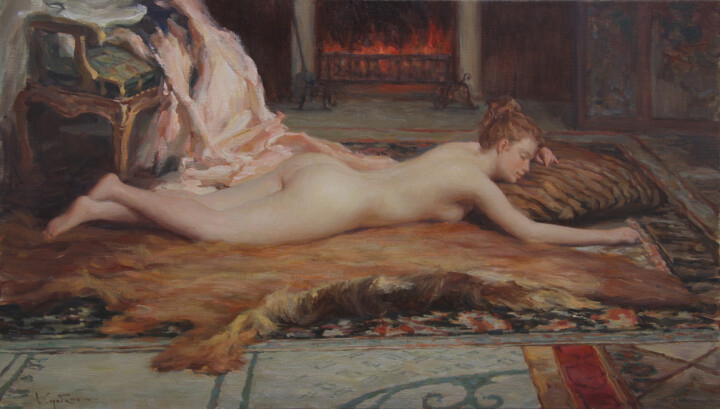Painting titled "Nude at the firepla…" by Anatolii Korobkin, Original Artwork, Oil