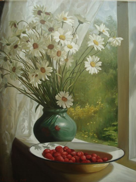 Painting titled "Camomiles" by Anatolii Tarnavskyi, Original Artwork, Oil