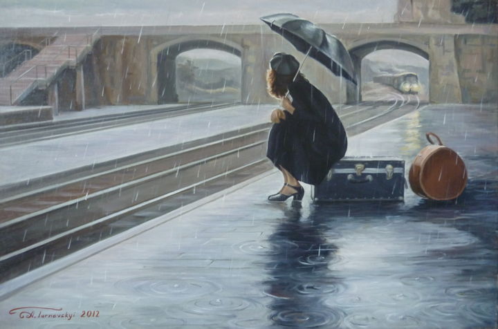 Schilderij getiteld "Morning train" door Anatolii Tarnavskyi, Origineel Kunstwerk, Olie