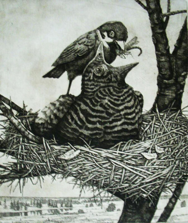Printmaking titled "Гнездо кукушки" by Anatolii Ivanovich Iaroslavtsev 1951 2019, Original Artwork, Engraving