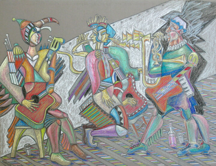 Painting titled "The trio on the ramp" by Anatoliy Sivkov, Original Artwork, Oil