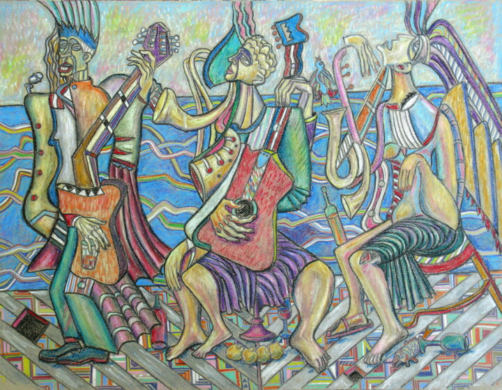 Painting titled "Trio on the shore" by Anatoliy Sivkov, Original Artwork, Oil