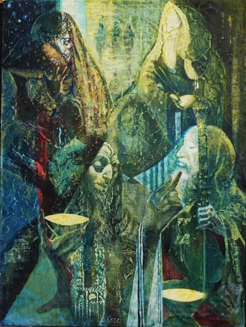 Картина под названием "Abraham and Angels" - Anatoly Schelest, Подлинное произведение искусства, Масло