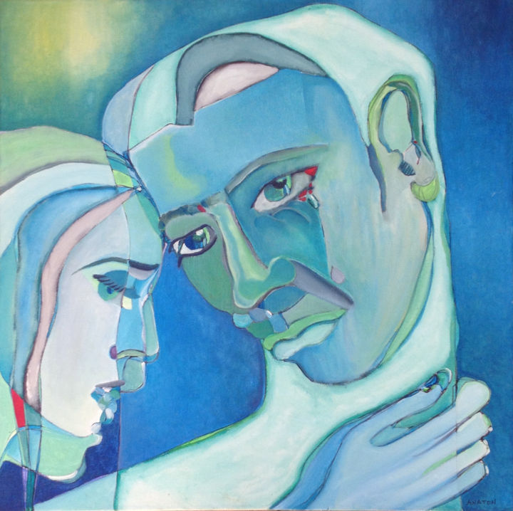 Peinture intitulée "Couple au bleu" par Anaton, Œuvre d'art originale, Huile