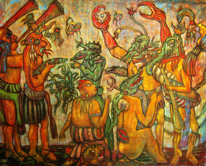 Maya - Painting, 100x80 cm ©2003 by Sivkov Anatoliy -
Expressionism, Surrealism, Canvas, Animals, Culture, History, Men, Mortality, Maya - a picture based on the Mayan murals