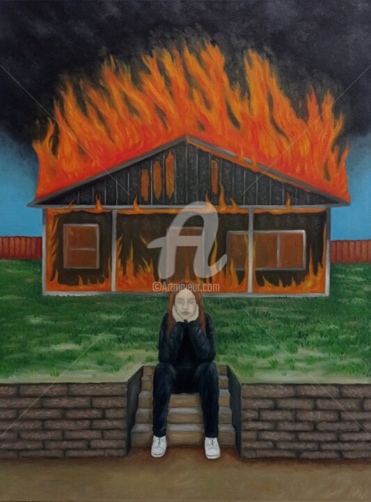 Painting titled "The house is on fir…" by Ana Valentim, Original Artwork, Oil Mounted on Wood Stretcher frame