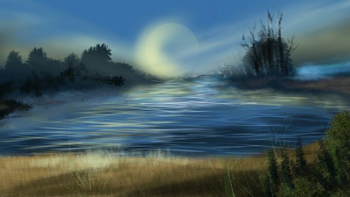 Digital Arts titled "El lago y la luna" by Anaysy Gregory, Original Artwork, Digital Painting