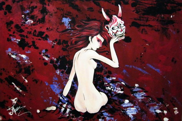 Painting titled "Hannya Mask" by Anca Toma, Original Artwork, Oil