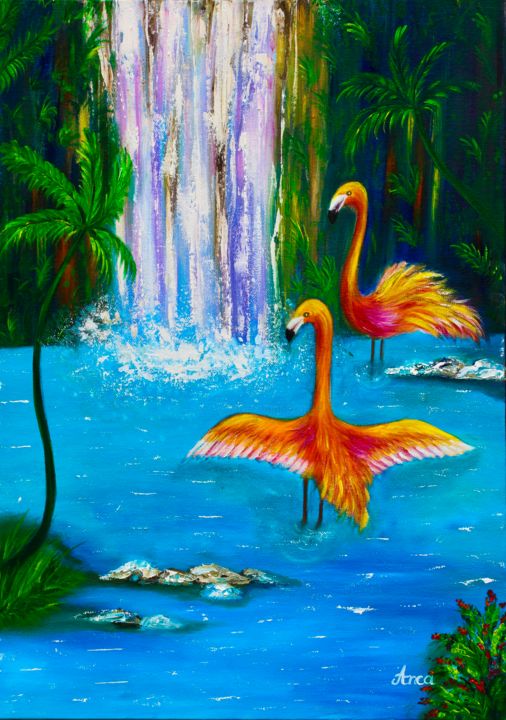 Painting titled "Flamingo, bird pain…" by Florentina Anca Popescu, Original Artwork, Oil