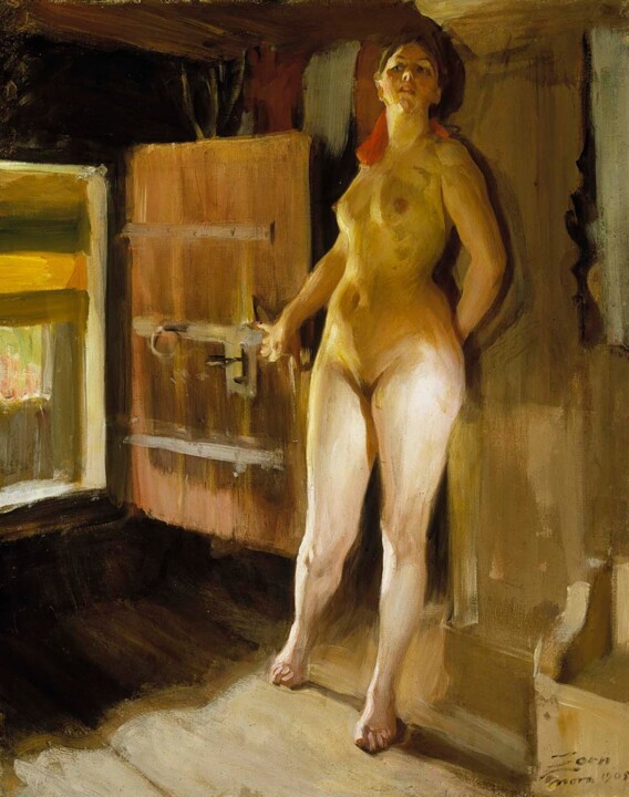 Pittura intitolato "À la porte du greni…" da Anders Zorn, Opera d'arte originale, Olio